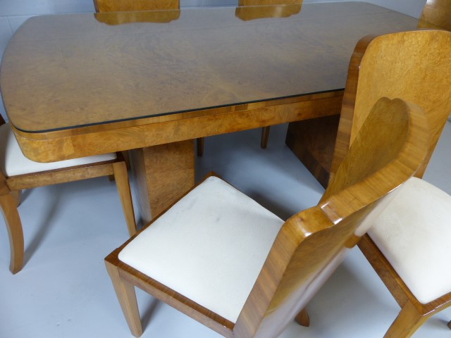 Light Birds eye Maple Art Deco dining table with six matching chairs upholstered in suede, glass top - Image 10 of 10