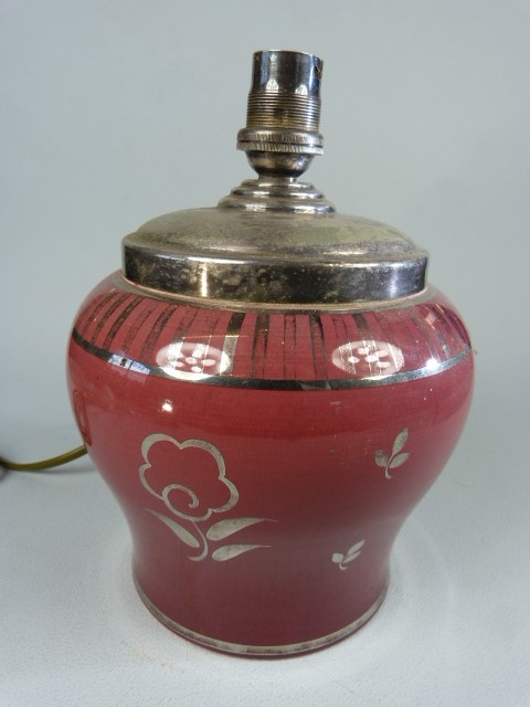 Wedgwood Veronese Lamp base decorated with silver lustre on a pink ground. Height including