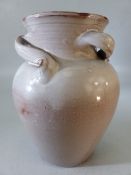 Brannam Barnstaple vase approx 19cm tall Monochrome Grey decoration with three handle round the rim.