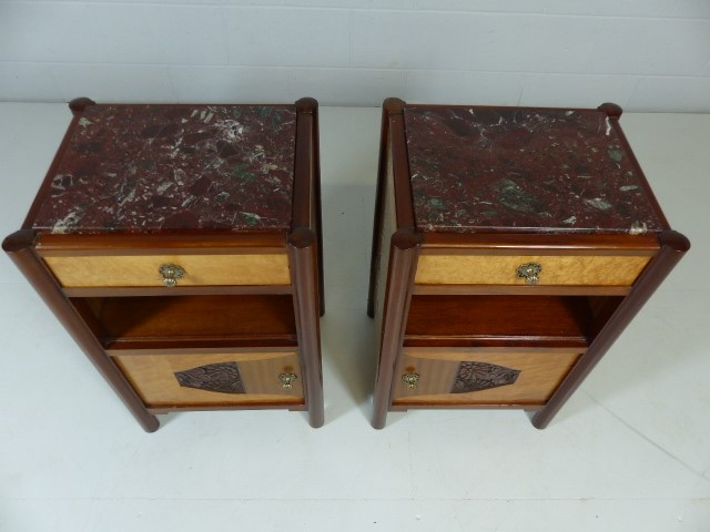 Pair of Art Deco Burr maple and mahogany marble toped bedside cabinets - Image 2 of 10