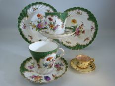 Tea for two Dresden service comprising of two tea cups, saucers, and plates, green with floral