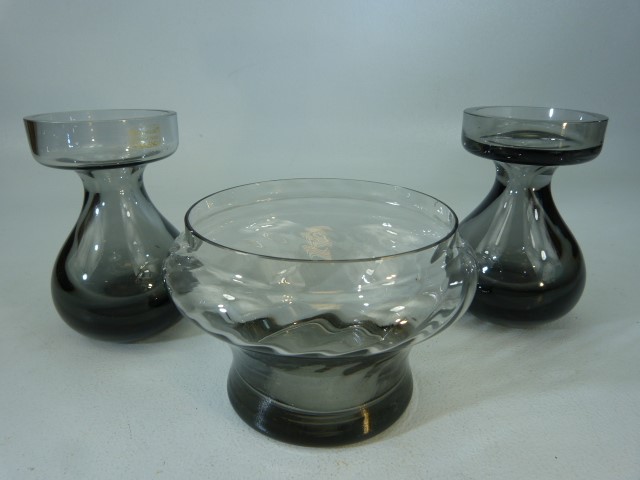 Art Glass - Similar pair of candle holder Wedgwood probably by Frank Thrower in smokey grey glass - Image 3 of 4