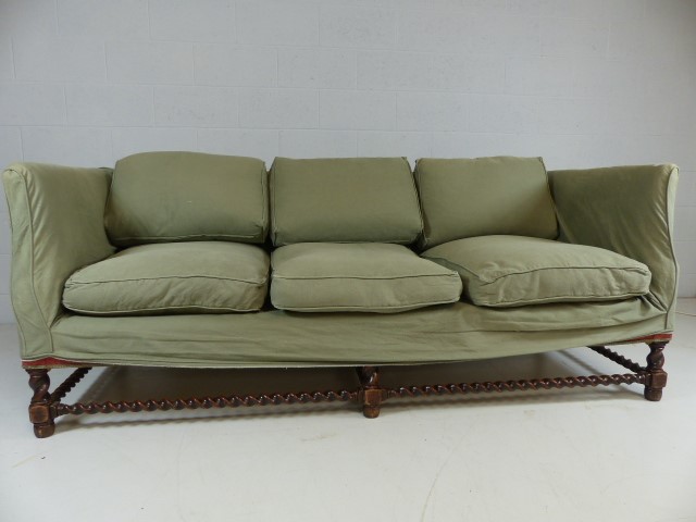 Antique upholstered sofa with barley twist frame legs - Image 2 of 4