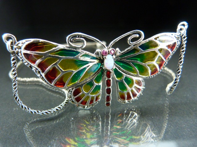 Silver Plique - A - Jour butterfly necklace with opal body