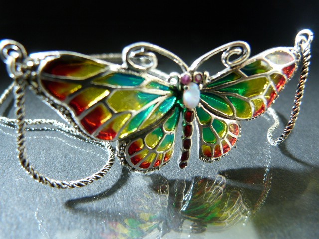 Silver Plique - A - Jour butterfly necklace with opal body - Image 3 of 4