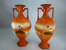 Pair of Sale Vases depicting a sunset over a deserted island.