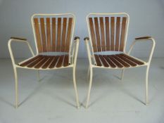 Pair of mid Century Slat seat and back bristro metal chairs