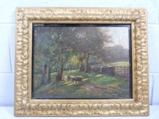 Arthur Raistrick - Oil on board - cattle in a wooded landscape. Signed to lower right. Approx
