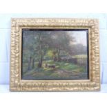 Arthur Raistrick - Oil on board - cattle in a wooded landscape. Signed to lower right. Approx