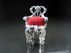 Silver 'Sterling' pincushion in the form of a chair. Approx weight - 19g