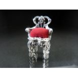 Silver 'Sterling' pincushion in the form of a chair. Approx weight - 19g