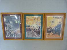 Three racing prints depicting french formula 1 cars. Vintage.