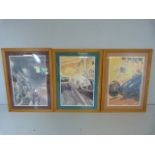 Three racing prints depicting french formula 1 cars. Vintage.