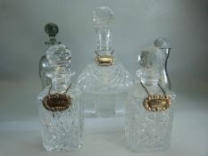 Three large decanters with labels and an unusual probably Danish Holmegaard Glass decanter with