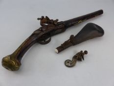 Continental Flintlock pistol with leather black powder flask and spare flintlock mechanism