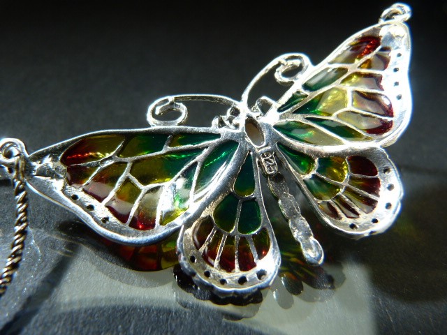Silver Plique - A - Jour butterfly necklace with opal body - Image 4 of 4