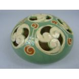 William Baron, Barstaple Pot-Pourri pot in a cream and green pierced glaze. approx 8cm high.