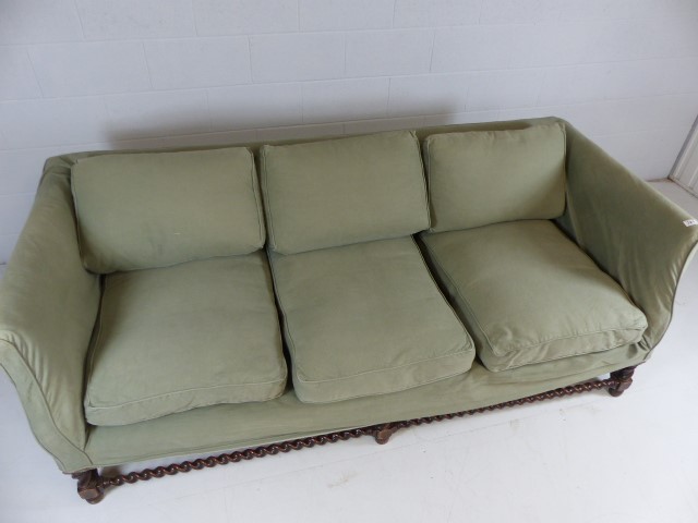 Antique upholstered sofa with barley twist frame legs - Image 3 of 4