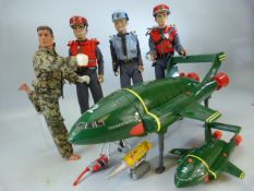 Vintage Thunderbirds toys to include two thunderbird ships T-2 and three figures