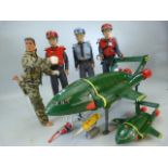 Vintage Thunderbirds toys to include two thunderbird ships T-2 and three figures