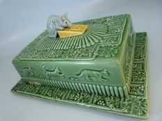 Majolica style cheese cover and dish with mouse finial handle