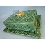 Majolica style cheese cover and dish with mouse finial handle