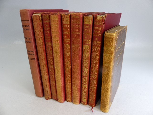 RUDYARD KIPLING - Set of seven red calf leather bound books to include The Day's Work, The Seven