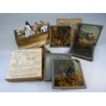Small carved box containing Magic lantern slides 'Gulliver in Lilliput' and some Wade Whimsies.