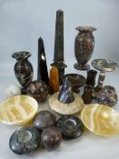 Large selection of Semi Precious stone desk ornaments to include Bowls, obelisks and balls.