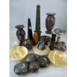 Large selection of Semi Precious stone desk ornaments to include Bowls, obelisks and balls.