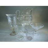 Small selection of antique glass to include a Wheelcut celery vase and similar can and sweet meat