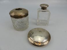 Hallmarked silver topped pot, one other and a silver lid.