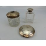 Hallmarked silver topped pot, one other and a silver lid.