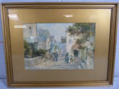 Lewis Mortimer - watercolour depicting 'Clovelly'. Dimensions inc frame - 57cm x 44cm