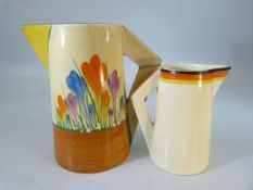 Clarice Cliff - Two jugs from the Bizarre Range (1 very badly damaged). Crocus pattern.