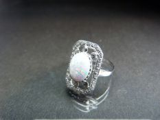 Silver (Sterling) CZ and Opal panelled Art Deco style ring - approx weight - 2.2g