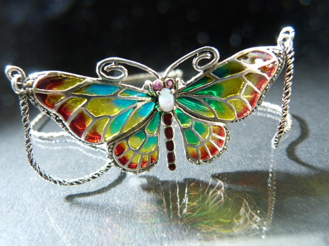 Silver Plique - A - Jour butterfly necklace with opal body - Image 2 of 4