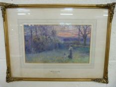 Laura Haynes - watercolour of a girl in the garden with the geese titled 'At the Break of day'.