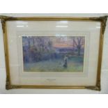 Laura Haynes - watercolour of a girl in the garden with the geese titled 'At the Break of day'.