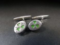 Hallmarked silver Victorian cufflinks depicting enamelled clover