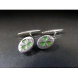 Hallmarked silver Victorian cufflinks depicting enamelled clover