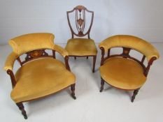 Antique suite of chairs in 'Mustard' colour upholstery. To include two smokers chair and a similar