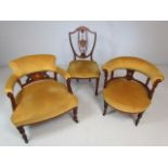 Antique suite of chairs in 'Mustard' colour upholstery. To include two smokers chair and a similar