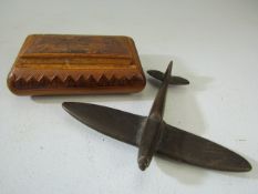 Treen hand carved snuff box depicting Saint George and the Dragon, along with a brass plane