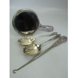 Hallmarked silver mirror, similar button pull and two spoons.