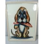 Comical painting of a dog painted onto reverse glass