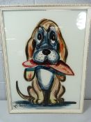 Comical painting of a dog painted onto reverse glass