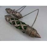 Two highly decorative silver metal and coloured glass prayer/scroll holders