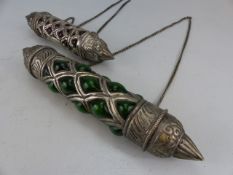 Two highly decorative silver metal and coloured glass prayer/scroll holders