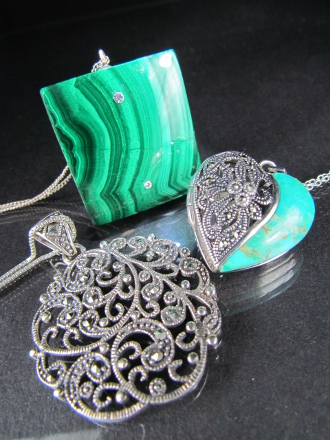 Three silver pendants on chains - 1) Malachite square set with two small stones and hung from 18" - Image 2 of 3